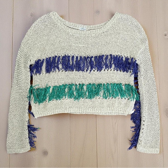BY CHANCE • Beige Knit Green & Purple Tassels Fringe Sweater - Picture 6 of 6